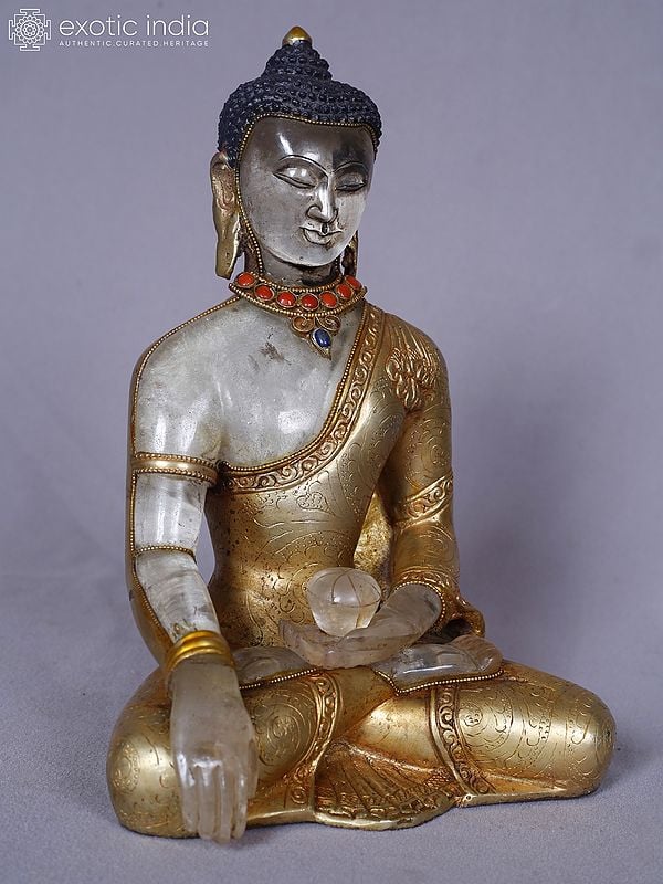 Exotic India 9" Seated Tibetan Buddhist Healing Buddha Crystal Statue From Nepal 