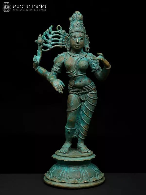 exotic india 9" Standing Ardhanarishvara - Divine Union of Shiva and Shakti | Madhuchista Vidhana (Lost-Wax) | Panchaloha Bronze from Swamimalai 
