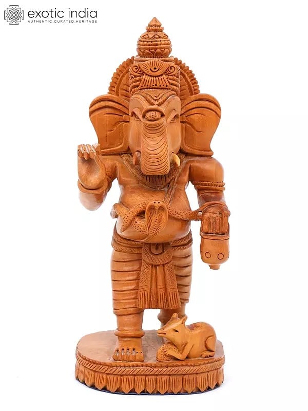 exotic india 9" Standing Ganesha | Shivani Wood Statue 