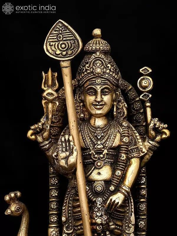 Exotic India 9" Standing Lord Murugan (Karttikeya) In Blessing Gesture | Brass Statue 