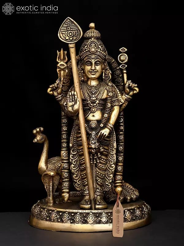 exotic india 9" Standing Lord Murugan (Karttikeya) in Blessing Gesture | Brass Statue 
