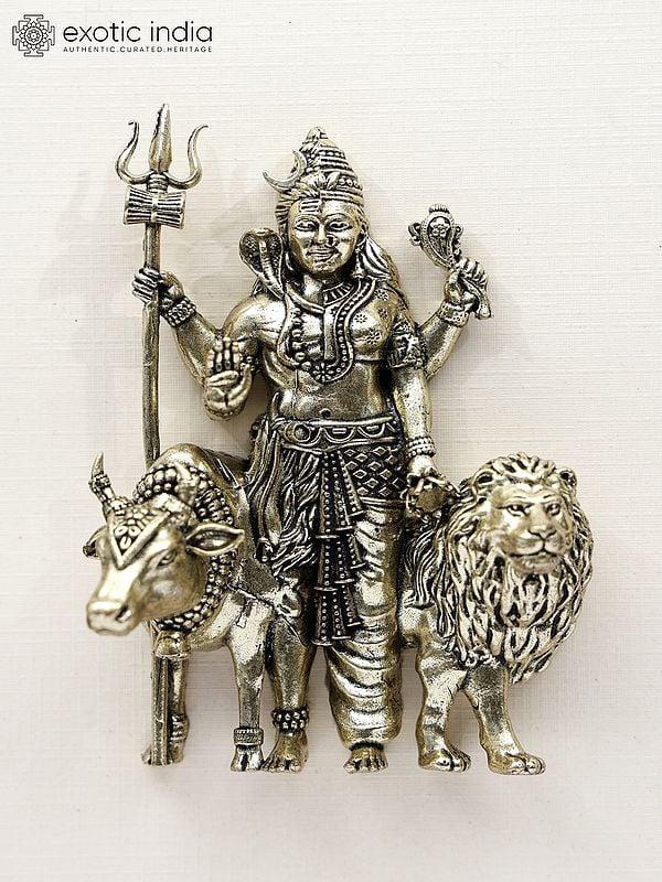 Exotic India 9" Superfine Ardhanarishvara With Nandi And Lion | Wall Hanging Framed Brass Statue 