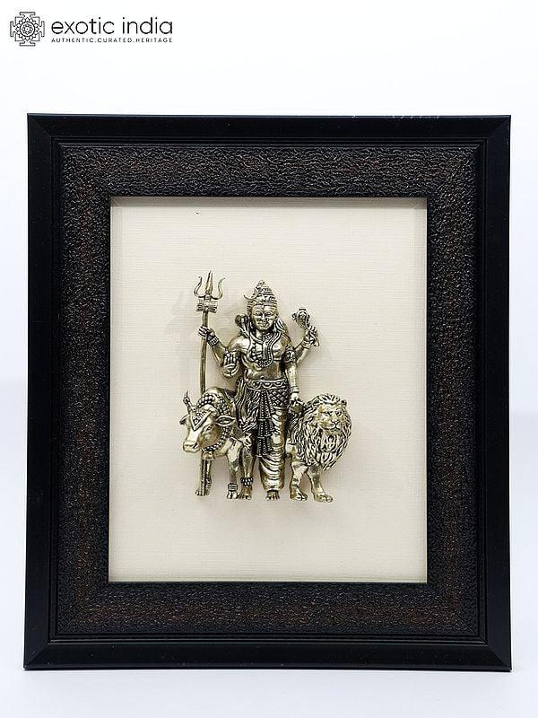 exotic india 9" Superfine Ardhanarishvara with Nandi and Lion | Wall Hanging Framed Brass Statue 
