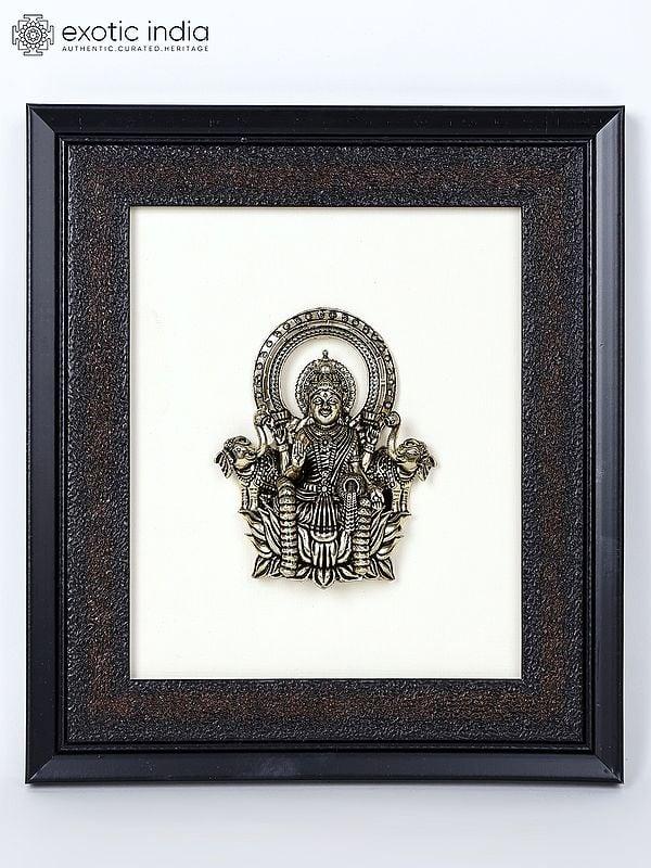 exotic india 9" Superfine Goddess Gajalakshmi Wood Framed Brass Sculpture | Wall Hanging Statue 