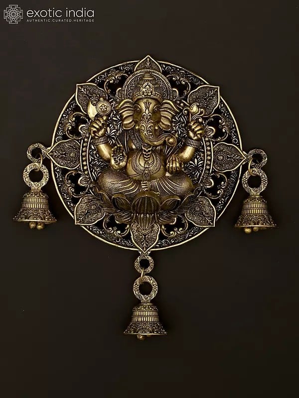 exotic india 9" Superfine Lord Ganesha Bell | Wall Hanging Brass Statue 