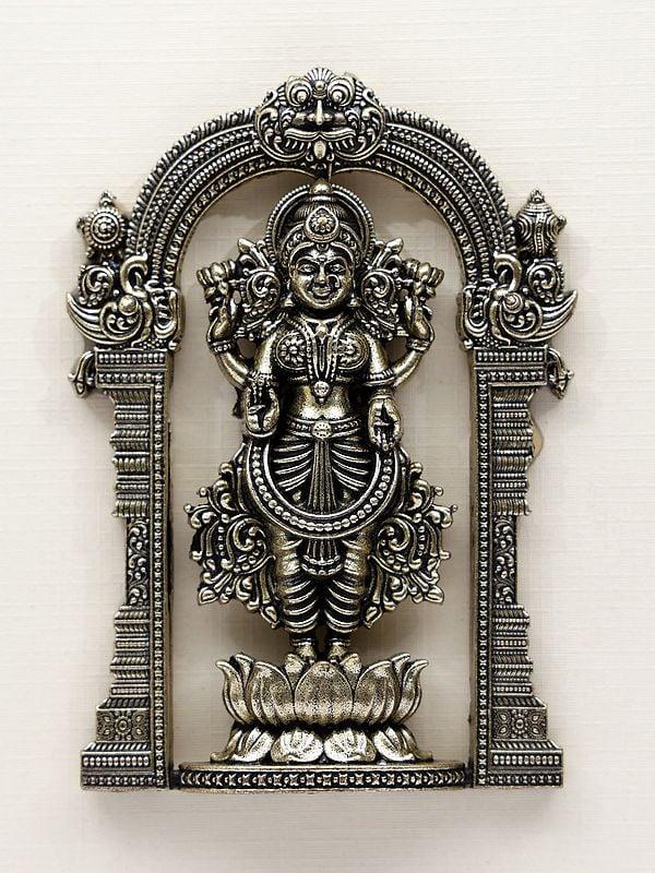 Exotic India 9" Superfine Standing Goddess Lakshmi | Wall Hanging Framed Brass Sculpture 