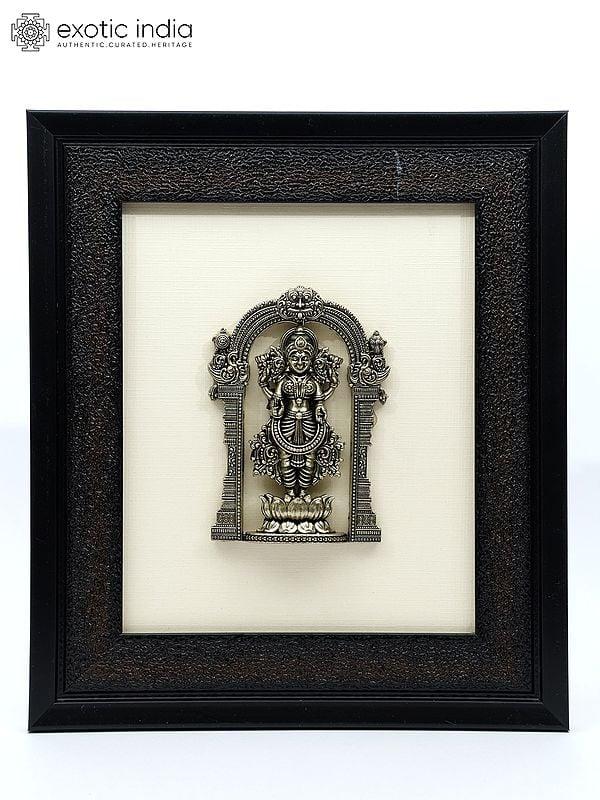 exotic india 9" Superfine Standing Goddess Lakshmi | Wall Hanging Framed Brass Sculpture 