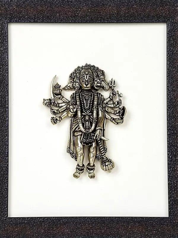 Exotic India 9" Superfine Standing Ten Armed Panchamukhi Hanuman | Wall Hanging Wood Framed Brass Sculpture 