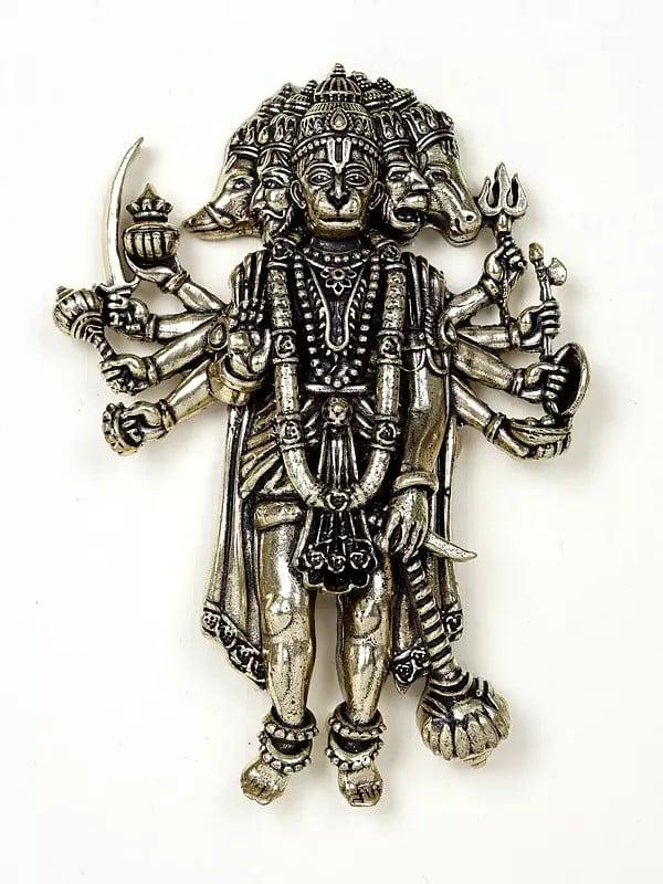 Exotic India 9" Superfine Standing Ten Armed Panchamukhi Hanuman | Wall Hanging Wood Framed Brass Sculpture 