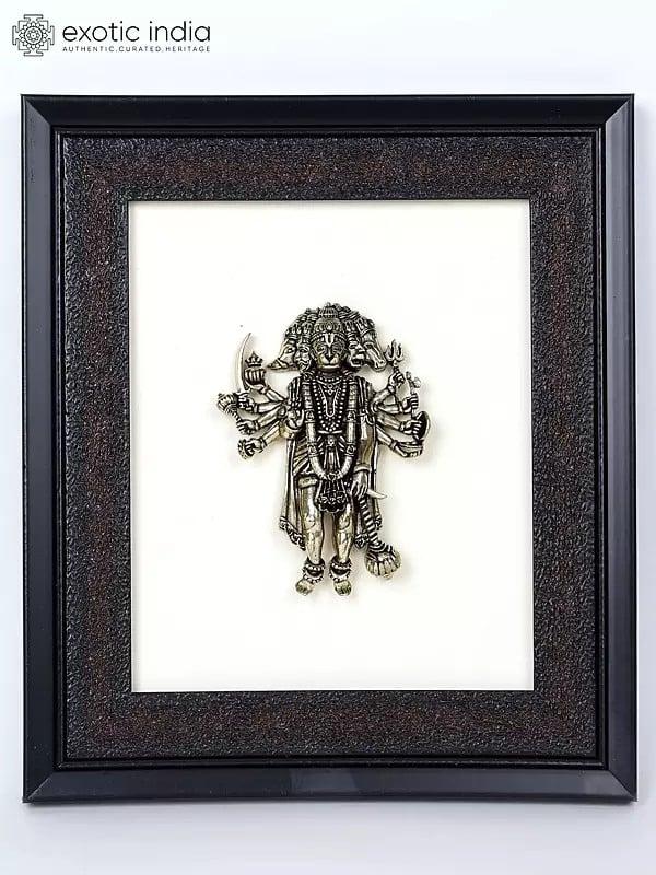 exotic india 9" Superfine Standing Ten Armed Panchamukhi Hanuman | Wall Hanging Wood Framed Brass Sculpture 