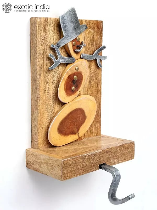 Exotic India 9" Wood And Iron Snowman Christmas Stocking Holder | Holiday Decor 