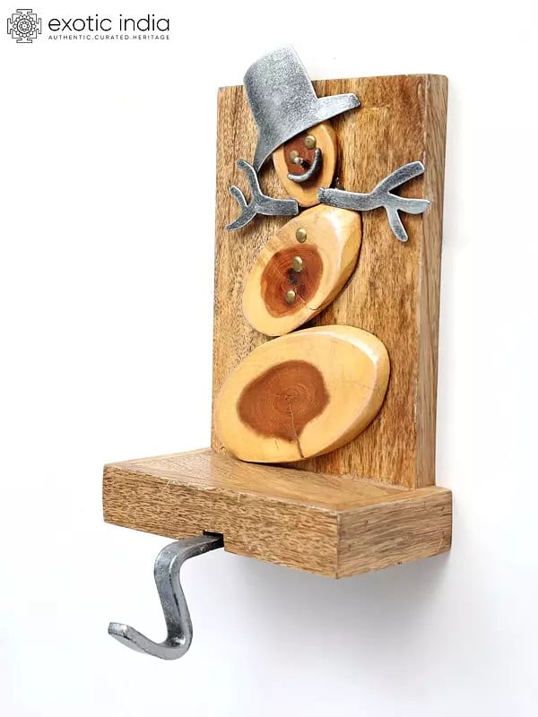 Exotic India 9" Wood And Iron Snowman Christmas Stocking Holder | Holiday Decor 