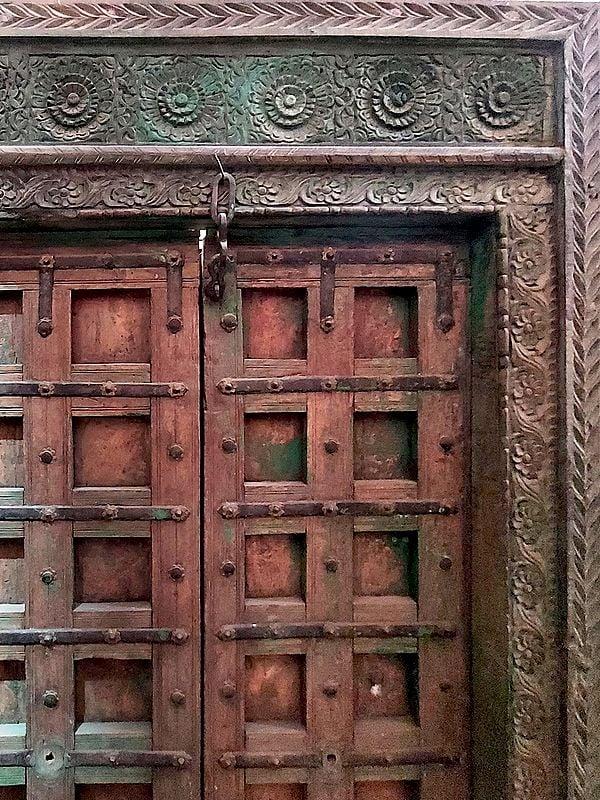 Exotic India 90" Large Floral Border Design Wood Door For Home 