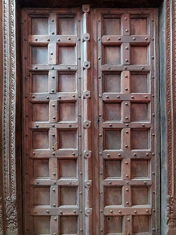 Exotic India 90" Large Traditional Square Design Old Wood Door | From Rajasthan 