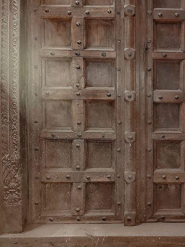 Exotic India 90" Large Traditional Square Design Old Wood Door | From Rajasthan 