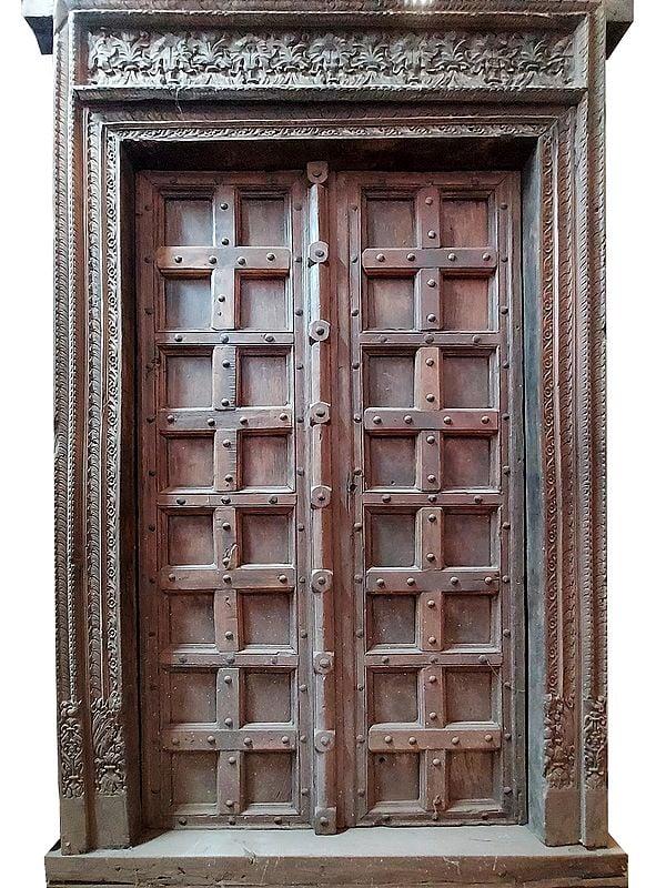 exotic india 90" Large Traditional Square Design Old Wood Door | From Rajasthan 
