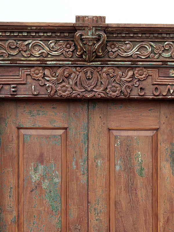Exotic India 92" Large Flower Carved Teak Wood Indian Door