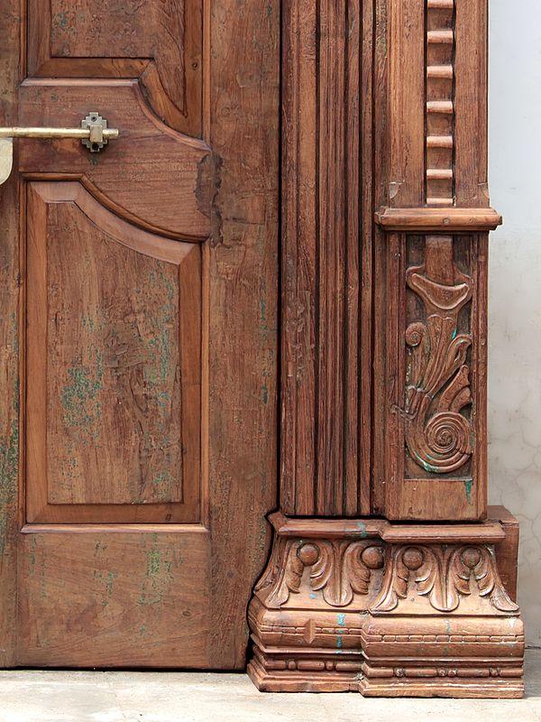 Exotic India 92" Large Flower Carved Teak Wood Indian Door