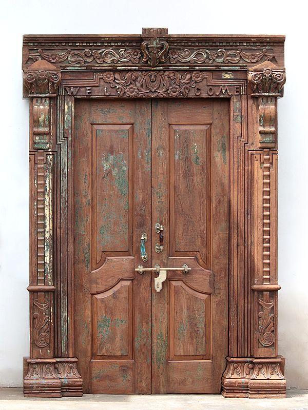 exotic india 92" Large Flower Carved Teak Wood Indian Door 