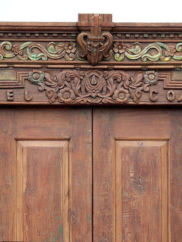 Exotic India 92" Large Old Traditional Flower Carved Teak Wood Indian Door 