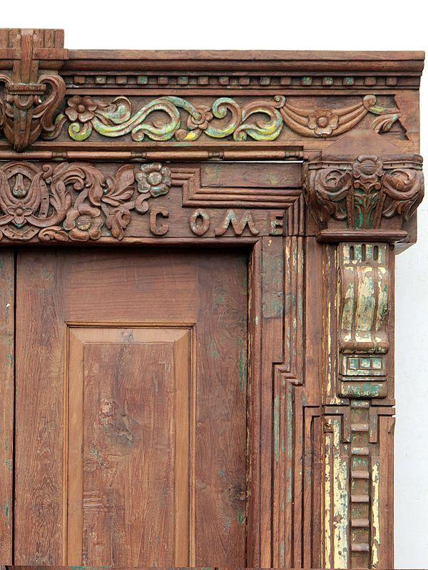 Exotic India 92" Large Old Traditional Flower Carved Teak Wood Indian Door 