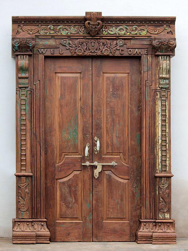 exotic india 92" Large Old Traditional Flower Carved Teak Wood Indian Door 
