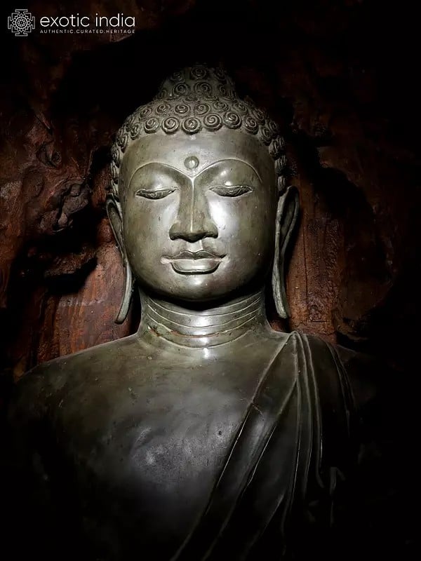 Exotic India 92" Super Large Size Standing Lord Buddha In Karana Mudra Encased In Natural Wood | Balinese Brass Sculpture 