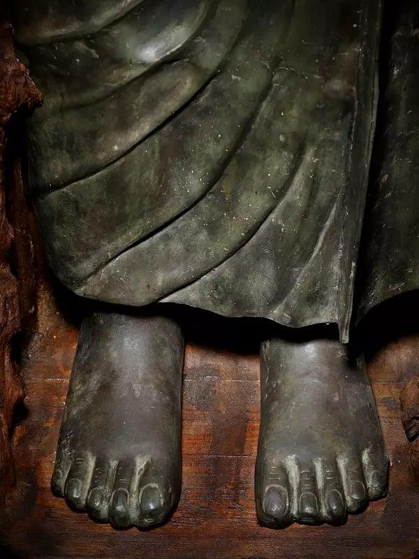 Exotic India 92" Super Large Size Standing Lord Buddha In Karana Mudra Encased In Natural Wood | Balinese Brass Sculpture 