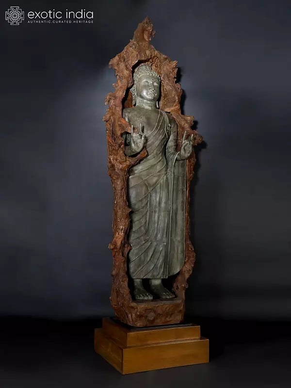 Exotic India 92" Super Large Size Standing Lord Buddha In Karana Mudra Encased In Natural Wood | Balinese Brass Sculpture 