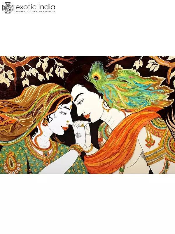 Exotic India 96" Large Divine Love Of Radha Krishna | Superfine 3D Panel In Rosewood With Inlay Work 