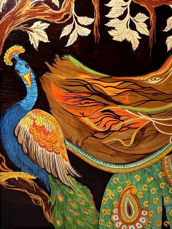 Exotic India 96" Large Divine Love Of Radha Krishna | Superfine 3D Panel In Rosewood With Inlay Work 