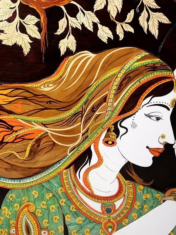 Exotic India 96" Large Divine Love Of Radha Krishna | Superfine 3D Panel In Rosewood With Inlay Work 