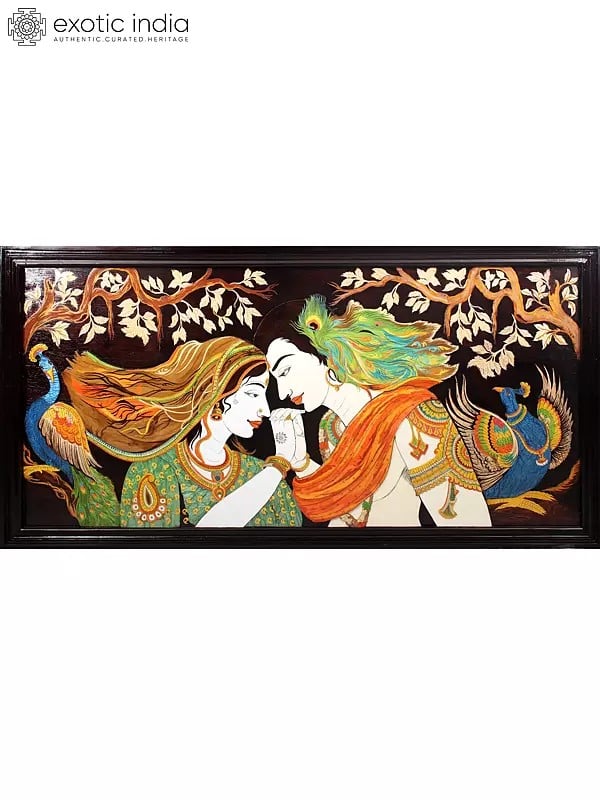 exotic india 96" Large Divine Love of Radha Krishna | Superfine 3D Panel in Rosewood with Inlay Work 