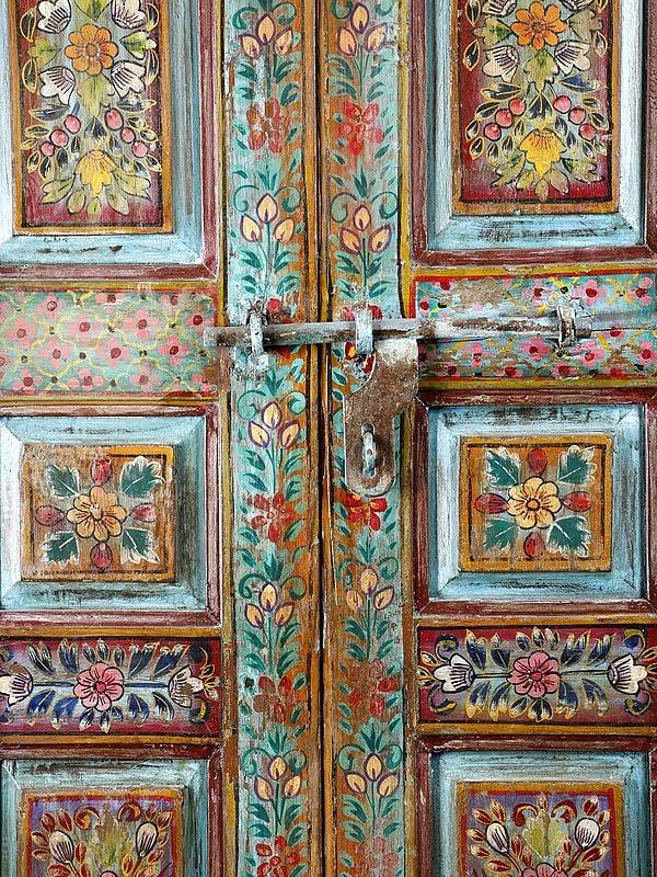 Exotic India 96" Large Hand-Painted Floral Design Entrance Door 