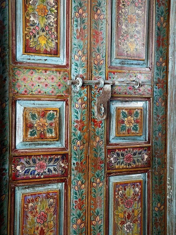 Exotic India 96" Large Hand-Painted Floral Design Entrance Door 