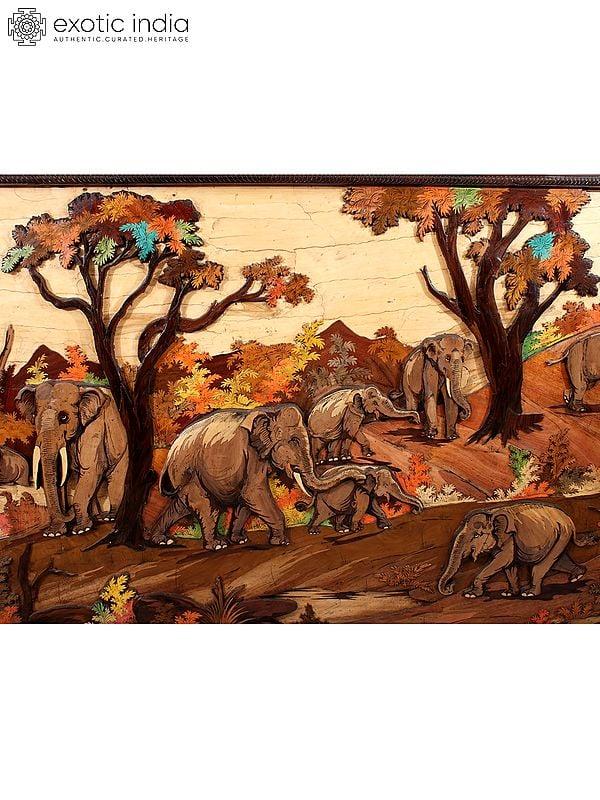 Exotic India 96" Large Herd Of Elephants | Colorful 3D Panel In Rosewood With Inlay Work 