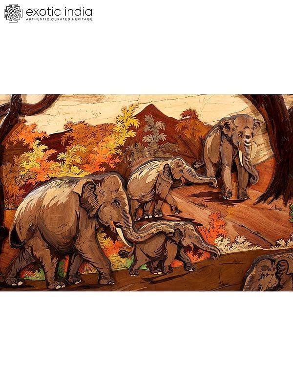 Exotic India 96" Large Herd Of Elephants | Colorful 3D Panel In Rosewood With Inlay Work 