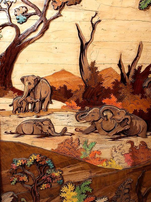 Exotic India 96" Large Herd Of Elephants | Colorful 3D Panel In Rosewood With Inlay Work 