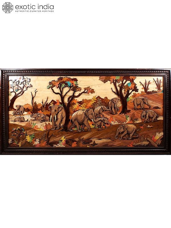 exotic india 96" Large Herd of Elephants | Colorful 3D Panel in Rosewood with Inlay Work 