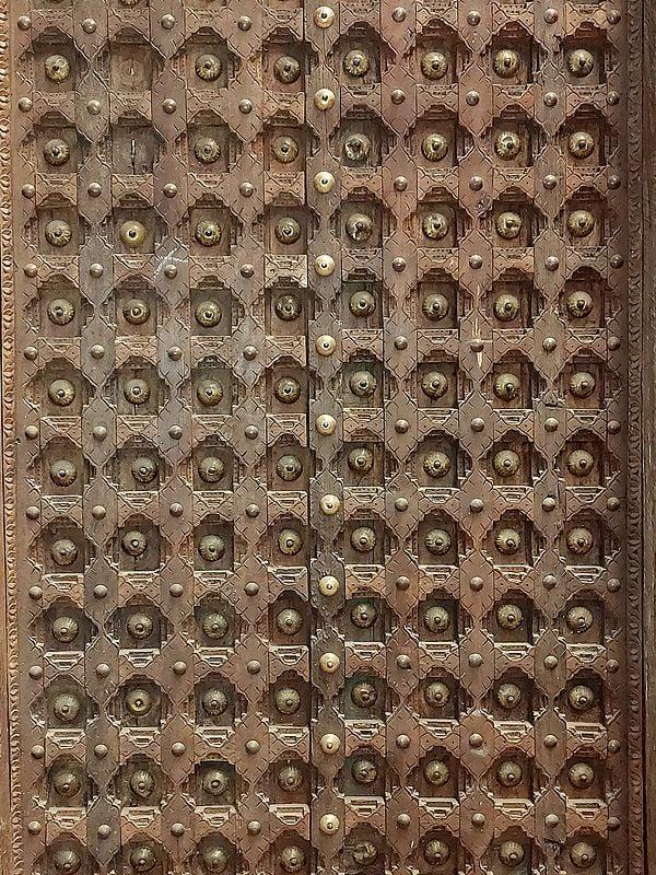 Exotic India 96" Large Kalash Design Wood Metal Studded Door