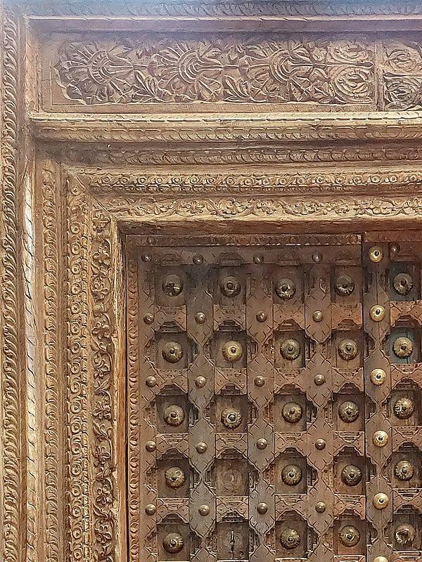 Exotic India 96" Large Kalash Design Wood Metal Studded Door