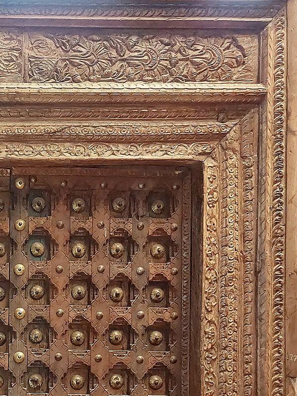 Exotic India 96" Large Kalash Design Wood Metal Studded Door