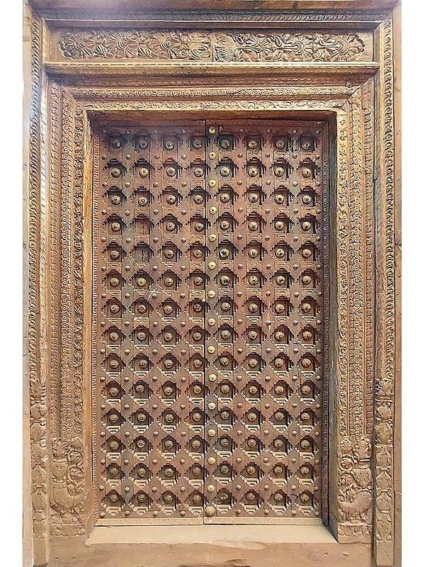 exotic india 96" Large Kalash Design Wood Metal Studded Door 