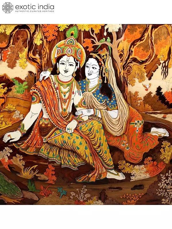 Exotic India 96" Large Superfine Radha Krishna Seated Under The Tree | Colorful 3D Panel In Rosewood With Inlay Work 