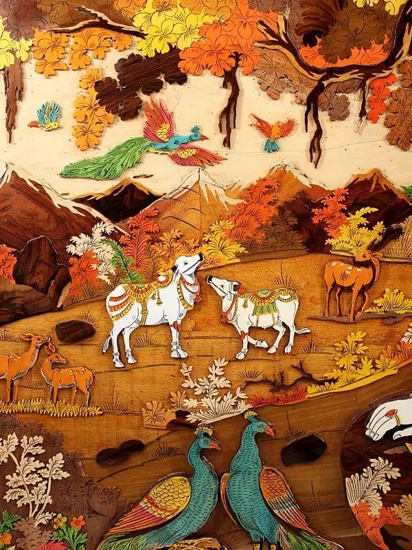 Exotic India 96" Large Superfine Radha Krishna Seated Under The Tree | Colorful 3D Panel In Rosewood With Inlay Work 