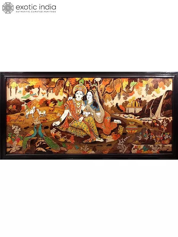 exotic india 96" Large Superfine Radha Krishna Seated Under the Tree | Colorful 3D Panel in Rosewood with Inlay Work 