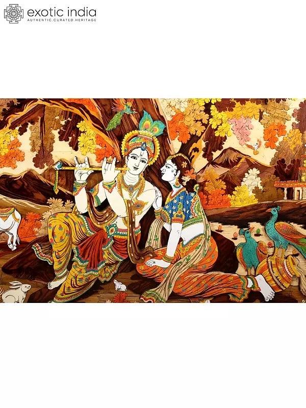 Exotic India 96" Large Superfine Radha Krishna With Beautiful View Of Vrindavan | Colorful 3D Panel In Rosewood With Inlay Work 