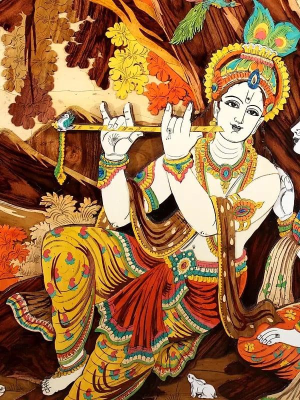 Exotic India 96" Large Superfine Radha Krishna With Beautiful View Of Vrindavan | Colorful 3D Panel In Rosewood With Inlay Work 