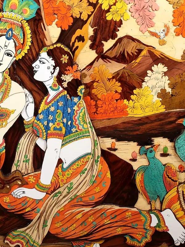 Exotic India 96" Large Superfine Radha Krishna With Beautiful View Of Vrindavan | Colorful 3D Panel In Rosewood With Inlay Work 