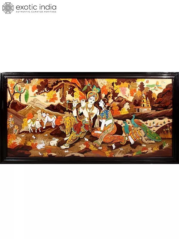 exotic india 96" Large Superfine Radha Krishna with Beautiful View of Vrindavan | Colorful 3D Panel in Rosewood with Inlay Work 